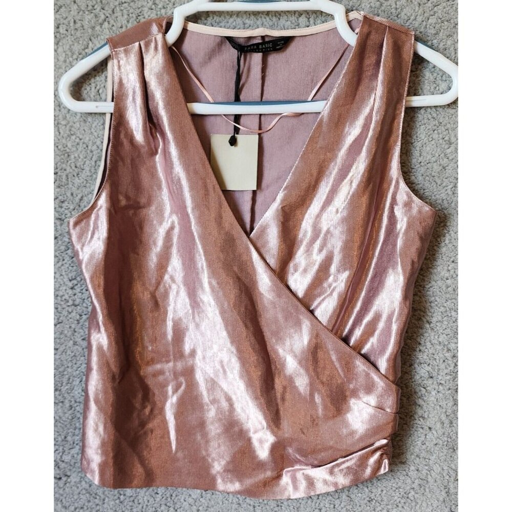 NEW Zara Women's Sleeveless Surplice Wrap Blouse Top Satin Metallic Pink Size XS
